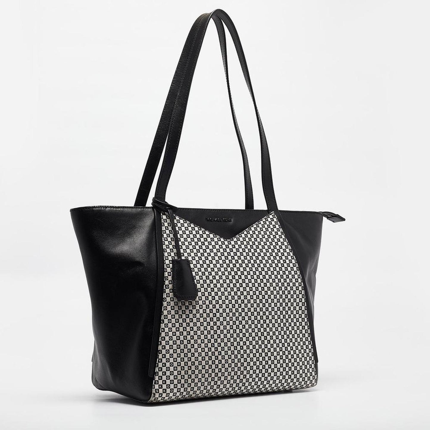 Michael Kors Black/white Checkboard Logo Leather Large Whitney Tote