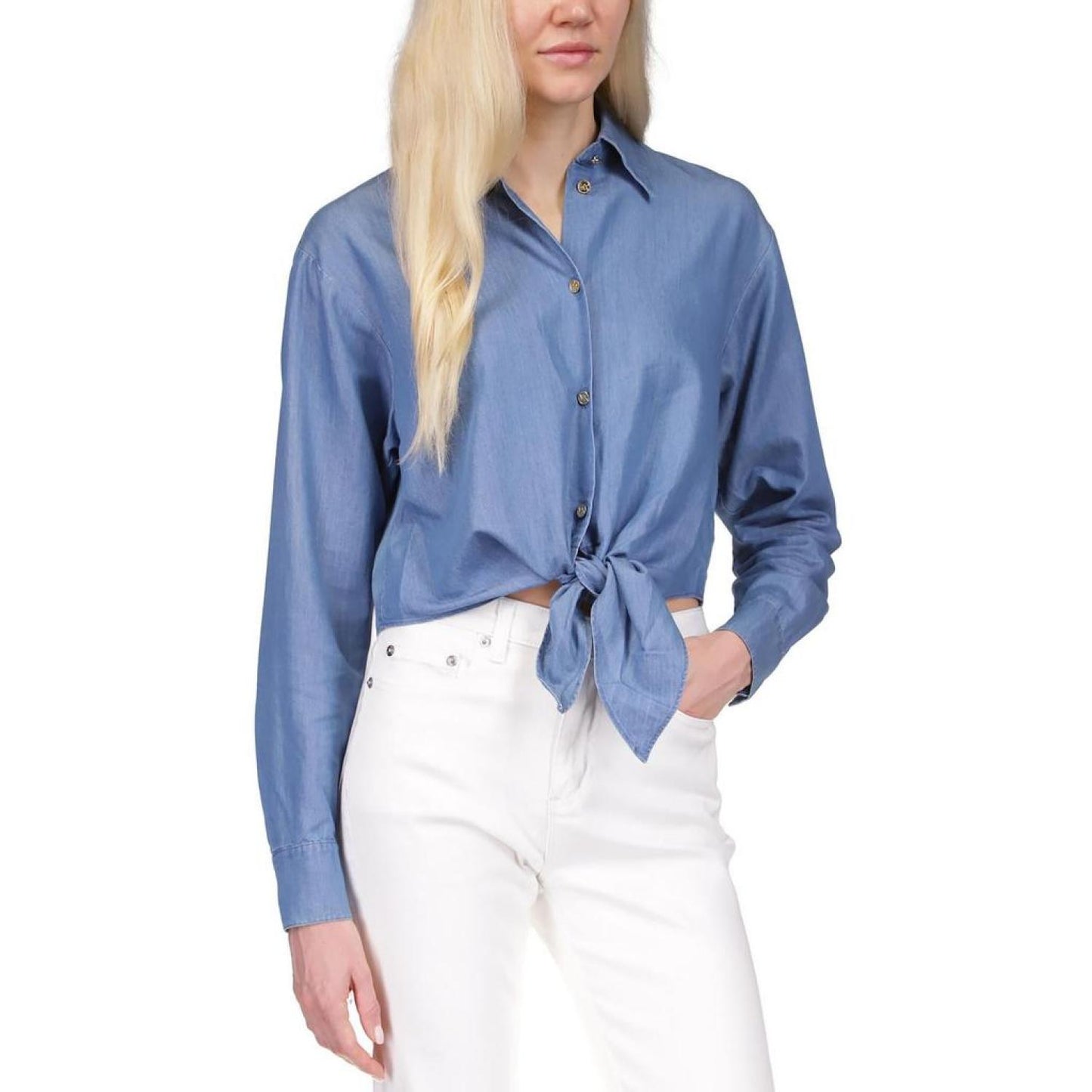 Womens Long Sleeve Tie Front Button-Down Top