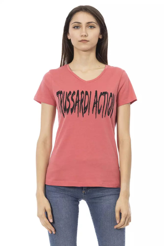 Trussardi Action Elegant Pink V-Neck Tee with Chic Print