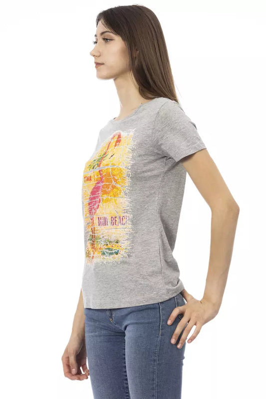 Trussardi Action Chic Gray Cotton Blend Tee with Artistic Print