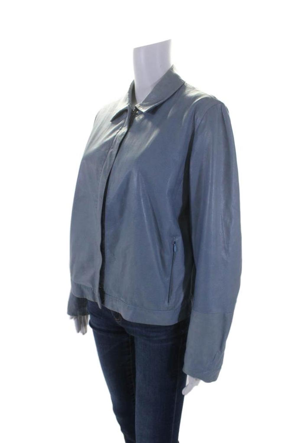 'S Max Mara Womens Leather Full Zipper Long Sleeves Jacket Blue