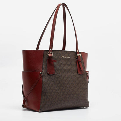 Michael Kors /brown Signature Coated Canvas And Leather Voyager East West Tote