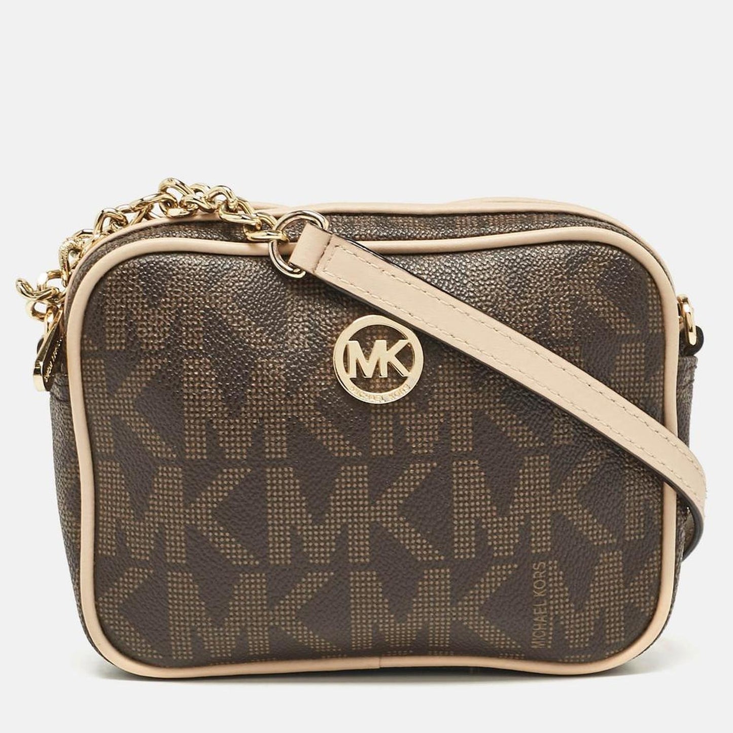 Michael Kors Beige/brown Signature Coated Canvas And Leather Mini Camera Crossbody Bag