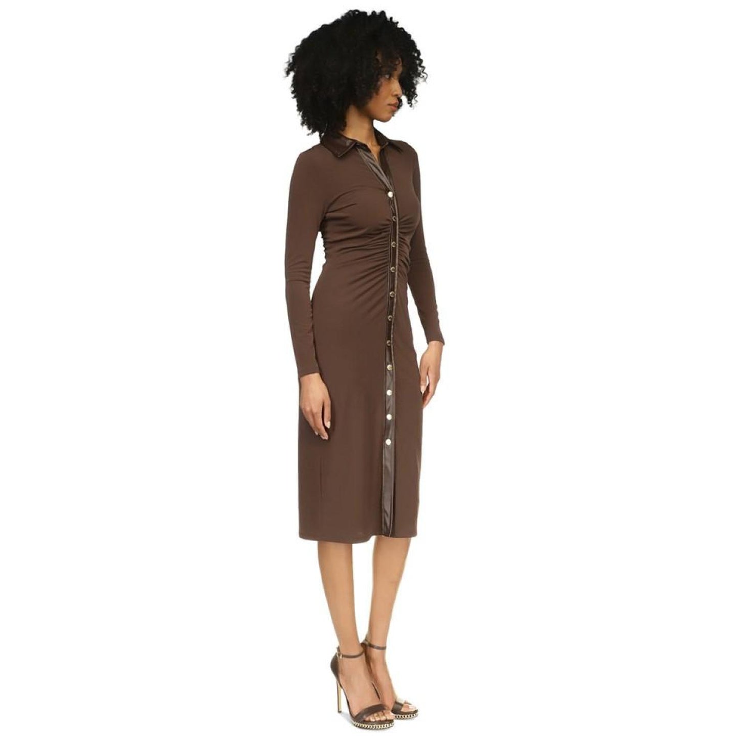 Women's Faux-Leather Trim Midi Dress