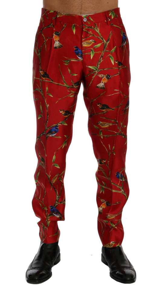 Dolce & Gabbana Elegant Silk Dress Trousers in Red Bird Print