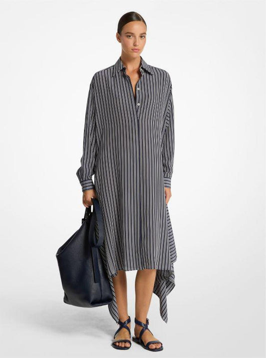 Striped Silk Crepe De Chine Cascade Shirtdress