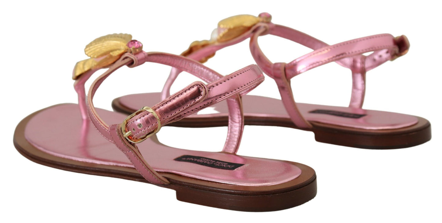 Dolce & Gabbana Chic Pink Leather Sandals with Exquisite Embellishment