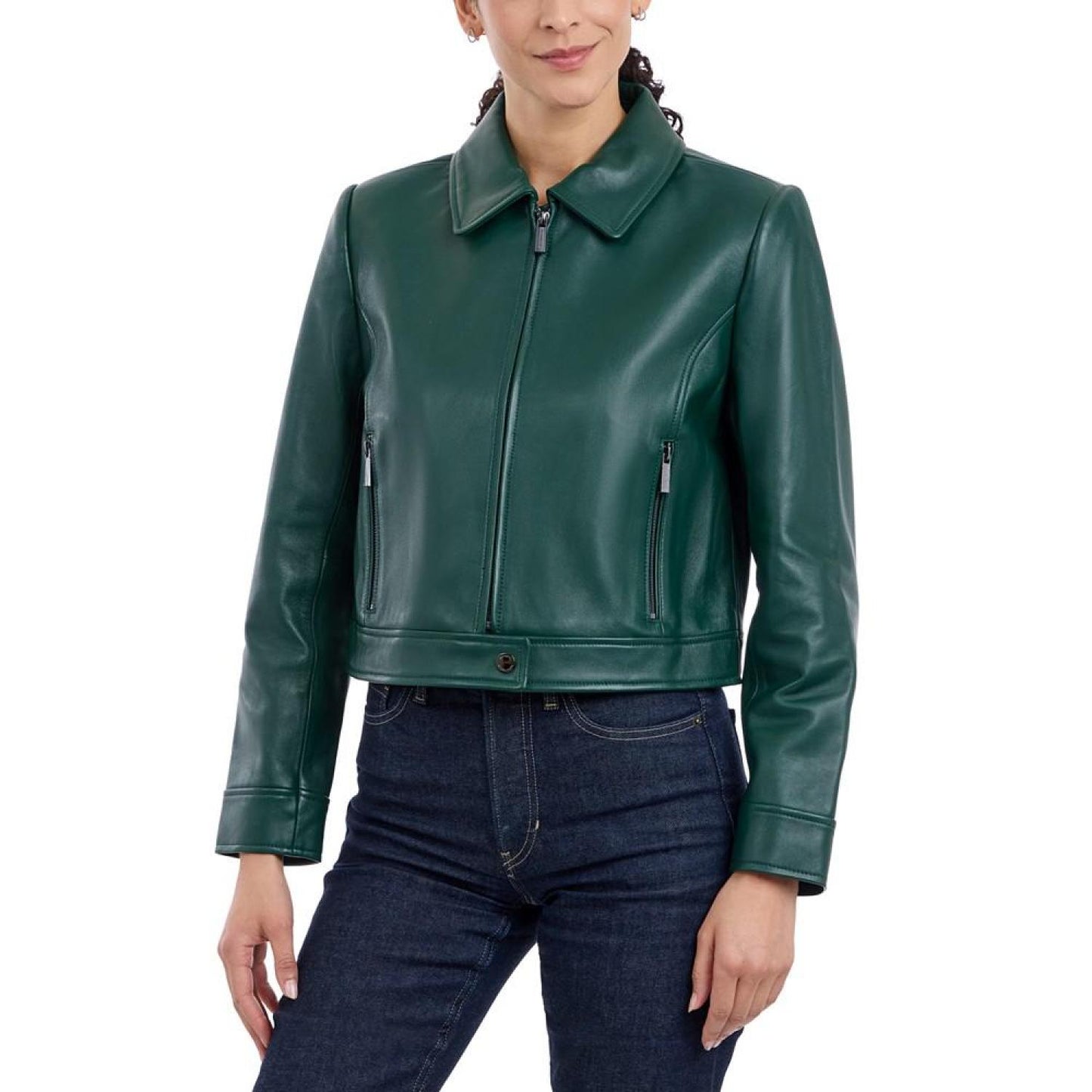 Petite Zip-Front Leather Coat