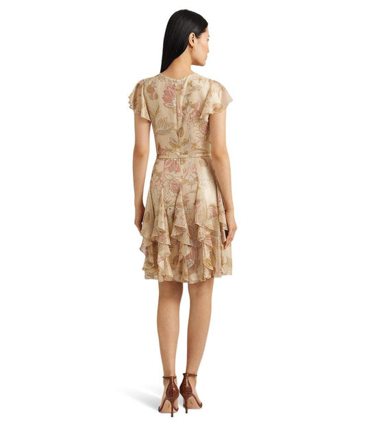 Floral Metallic Chiffon Cocktail Dress