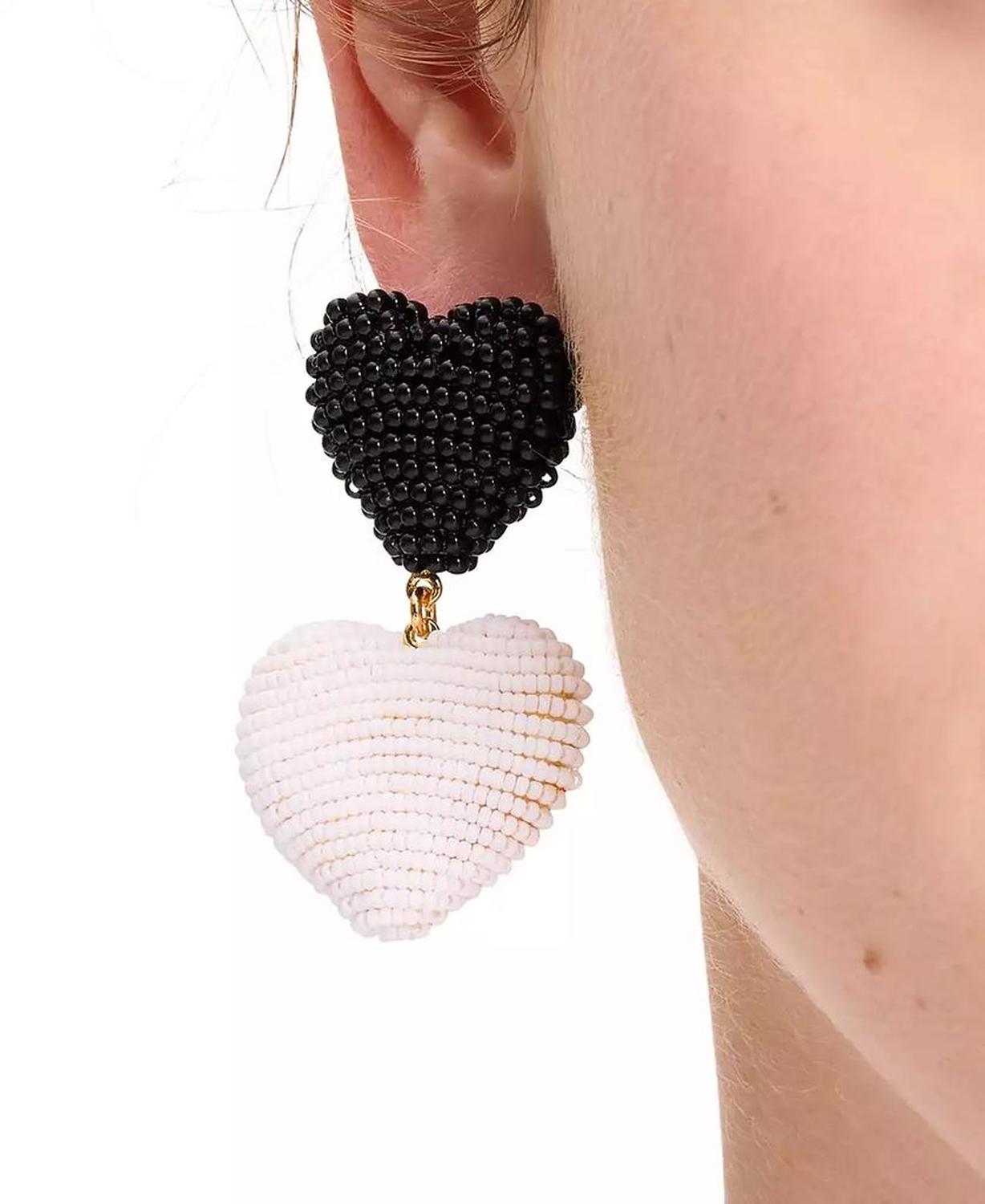 Gold-Tone Black & White Beaded Mismatch Drop Earrings