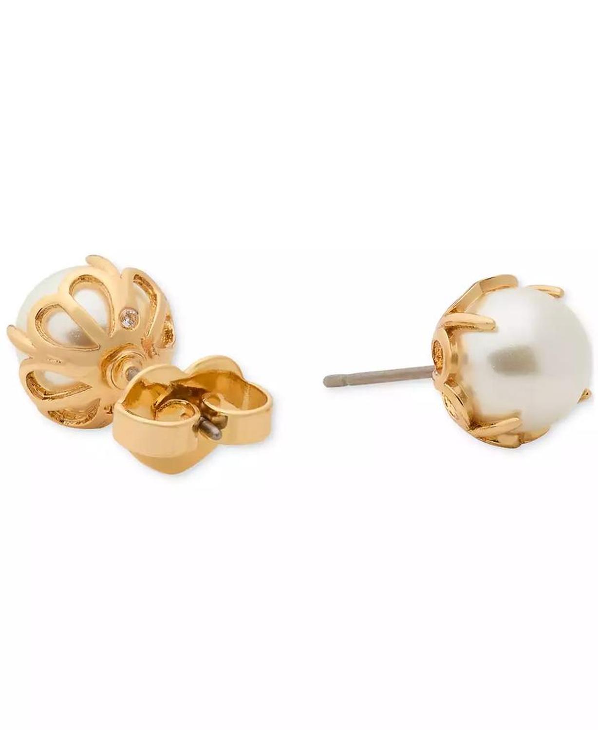 Gold-Tone Imitation Pearl Flower Frame Stud Earrings