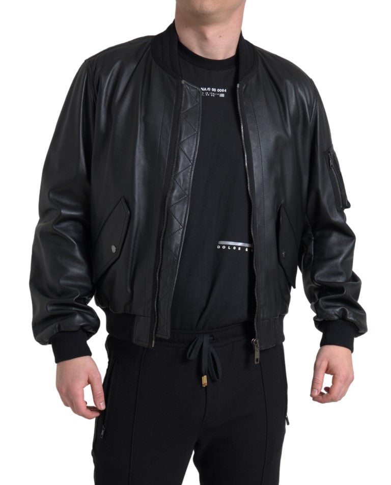 Dolce & Gabbana Elegant Black Leather Bomber Jacket