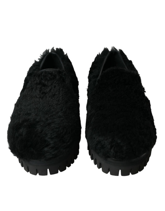 Dolce & Gabbana Elegant Black Fur Slip On Loafers for Men