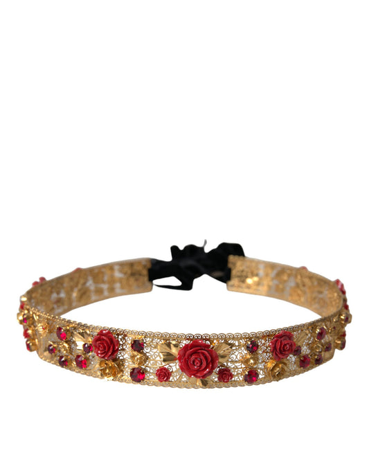 Dolce & Gabbana Gold Brass Red Roses Crystal Jewel Waist Belt