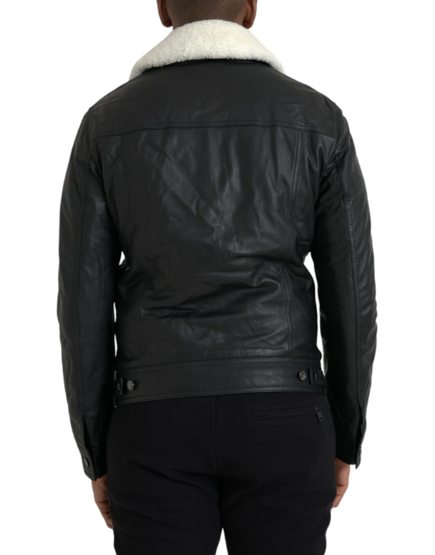 Dolce & Gabbana Black Leather Fur Collar Biker Coat Jacket