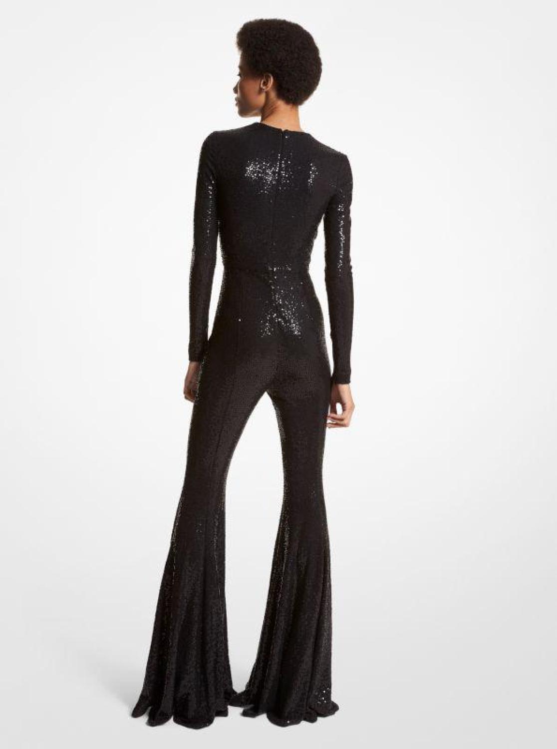 Hand-Embroidered Sequin Stretch Jersey Flared Jumpsuit