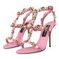 Dolce & Gabbana Pink Leather Embellished Heels Sandals Shoes