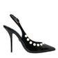 Dolce & Gabbana Black Leather Faux Pearl Heel Slingback Shoes