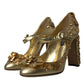 Dolce & Gabbana Gold Leather Crystal Mary Janes Pumps Shoes