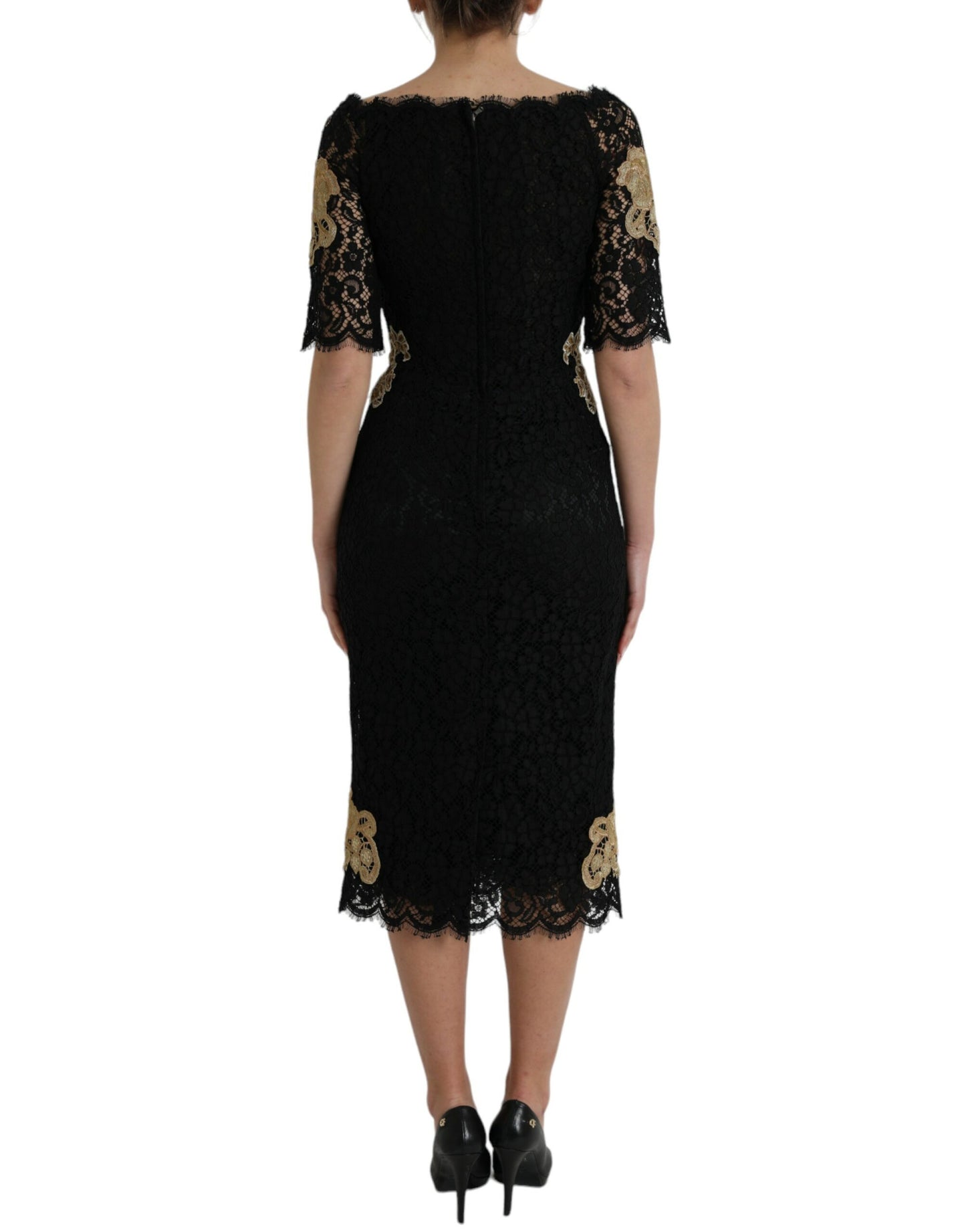 Dolce & Gabbana Black Floral Lace Cotton Sheath Midi Dress