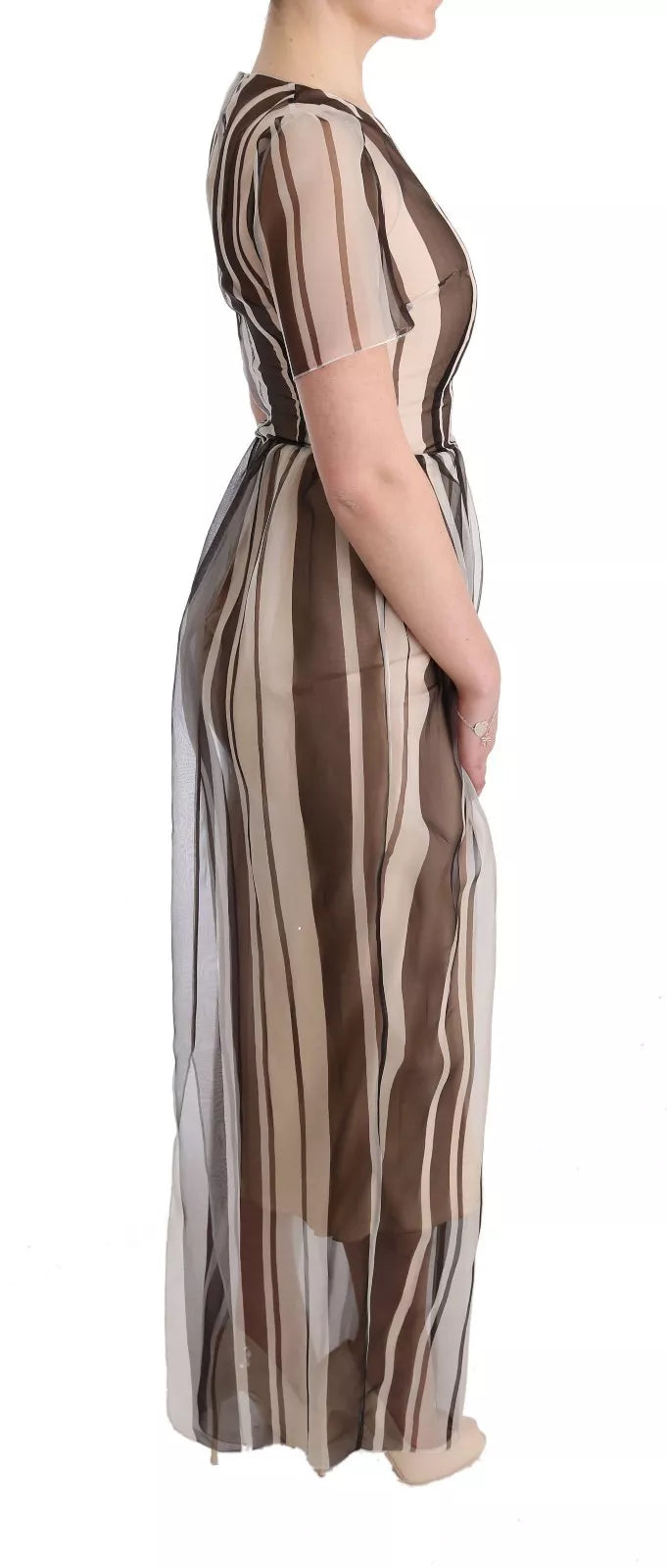 Dolce & Gabbana Beige Brown Striped Silk Sheath Dress