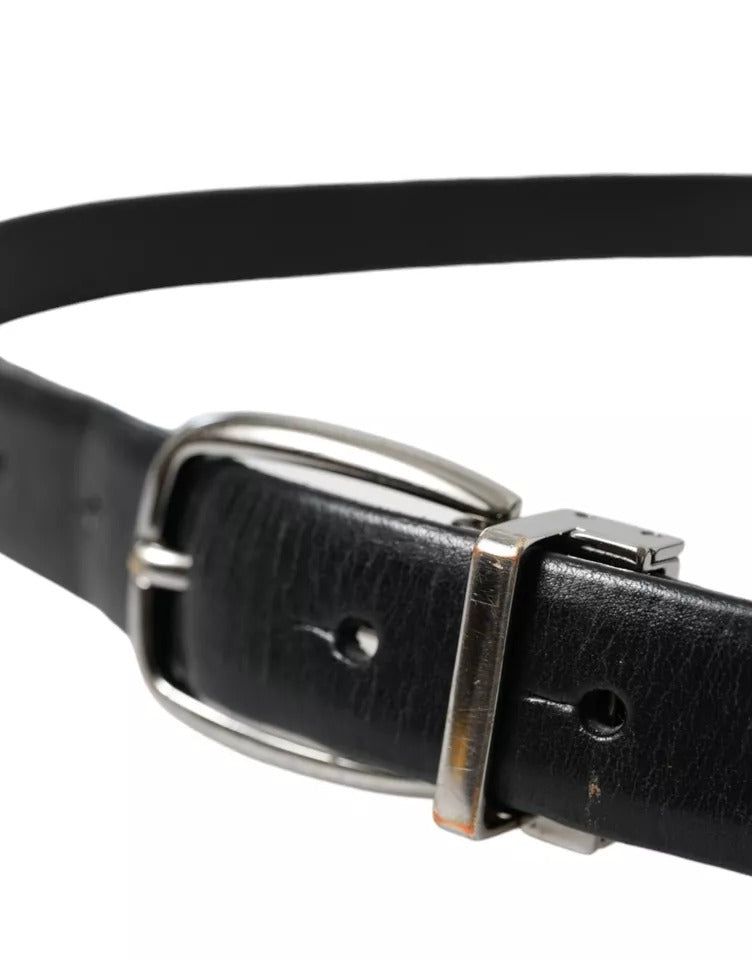 Dolce & Gabbana Black Leather Silver Metal Buckle Men Belt