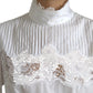 Dolce & Gabbana White Cotton Lace Trim Turtle Neck Top Blouse