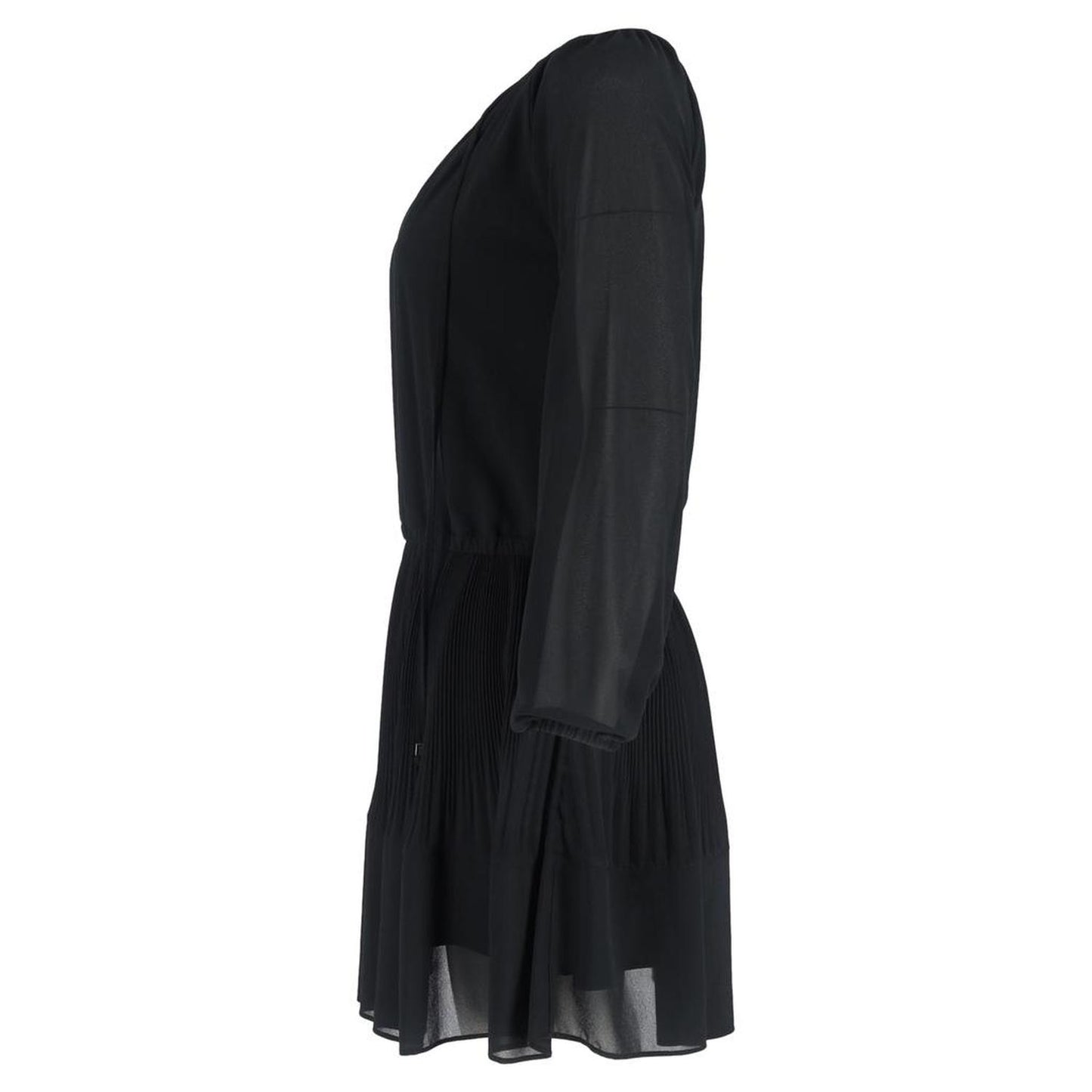 Pleated Mini Long Sleeve Dress in Black Polyester