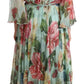 Dolce & Gabbana Green Floral Long Sleeve V-neck Midi Dress