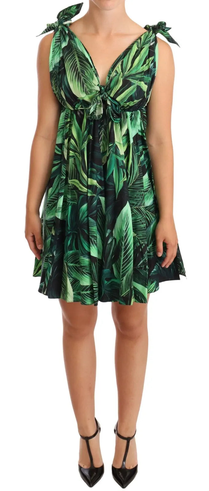 Dolce & Gabbana Green Leaves Print Cotton Flared Mini Dress