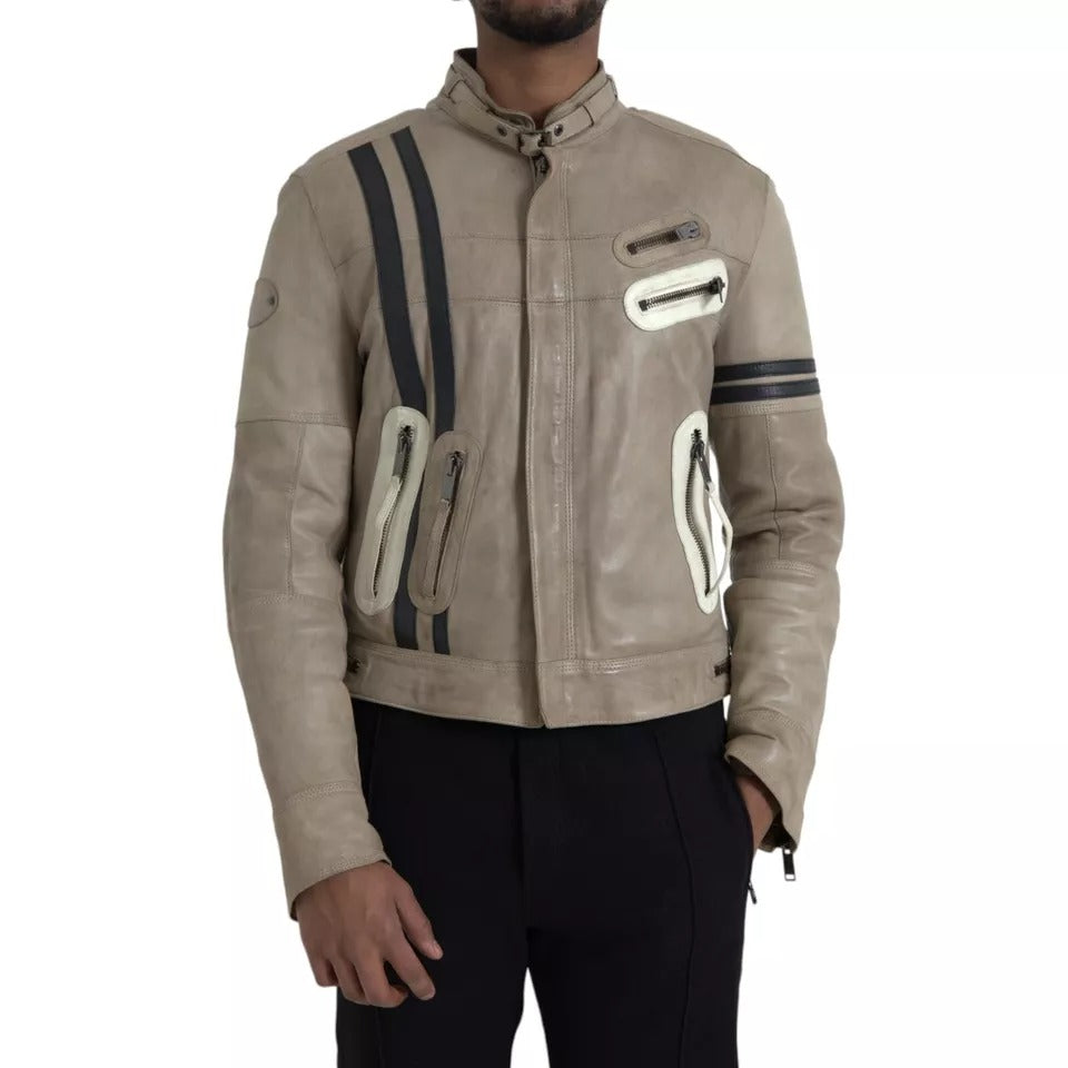 Dolce & Gabbana Beige Leather Full Zip Biker Coat Jacket