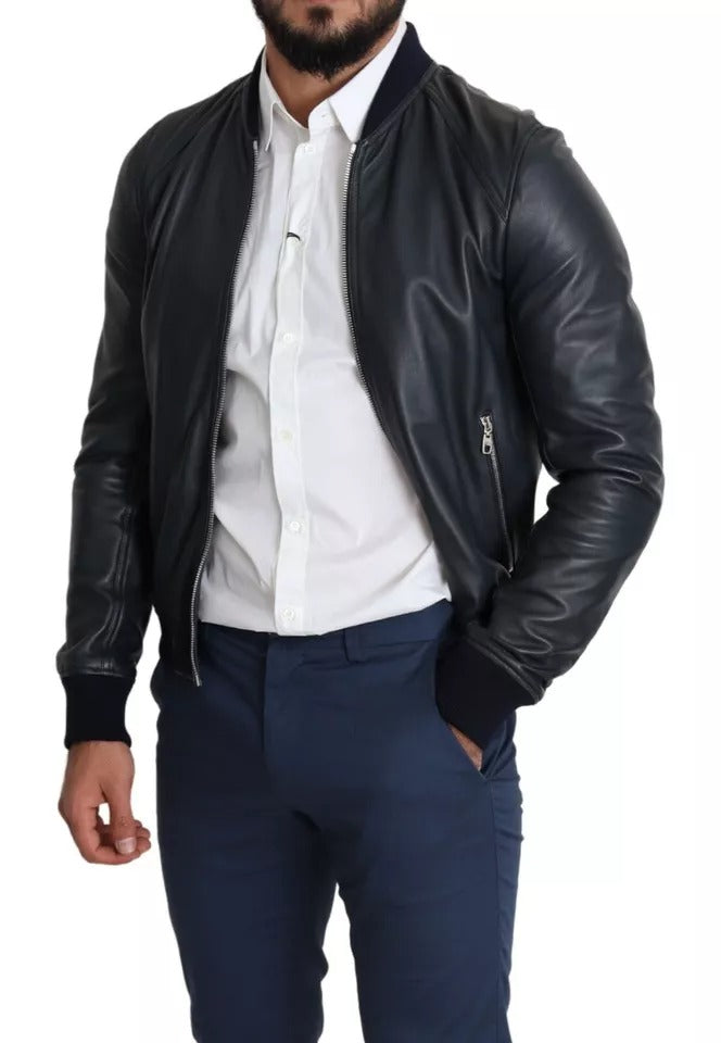 Dolce & Gabbana Black Leather Full Zip Men Bomber Jacket