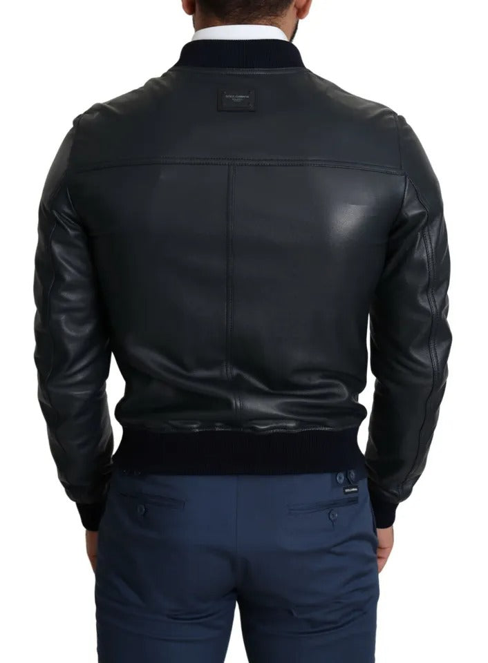 Dolce & Gabbana Black Leather Full Zip Men Bomber Jacket