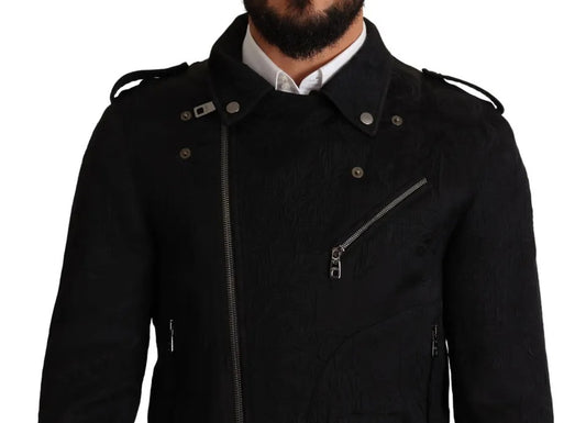 Dolce & Gabbana Black Brocade Full Zip Biker Coat Jacket