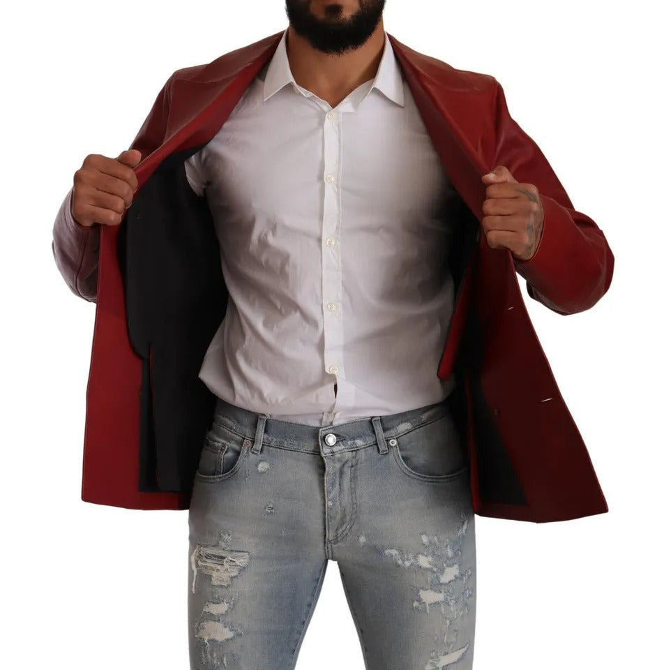 Dolce & Gabbana Red Double Breasted Leather Coat Jacket