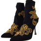 Dolce & Gabbana Black Gold Embroidery Slip On Boots Shoes