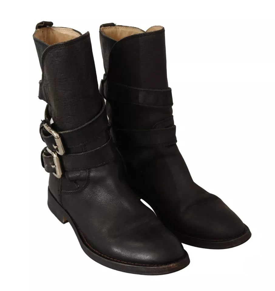 Dolce & Gabbana Black Leather Buckle Mid Calf Boots Shoes