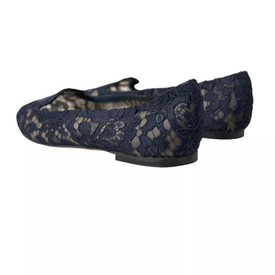 Dolce & Gabbana Dark Blue Taormina Lace Slip On Flats Shoes