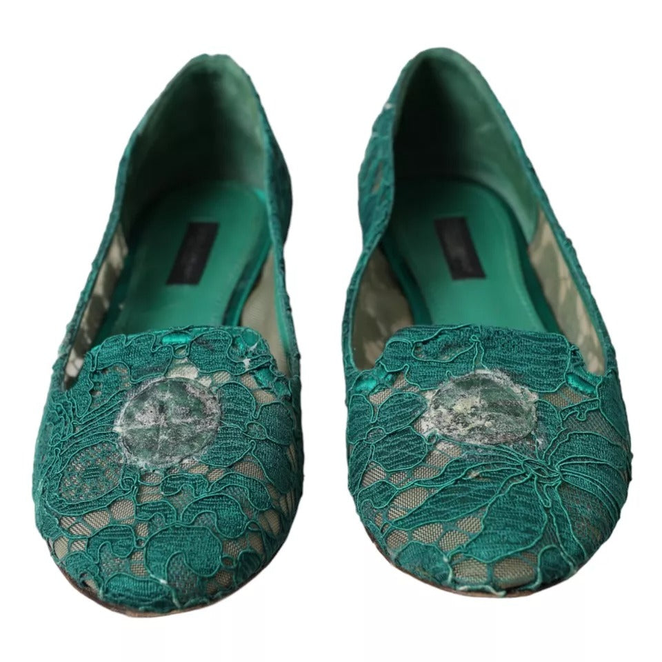 Dolce & Gabbana Green Taormina Lace Slip On Flats Shoes