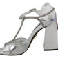 Dolce & Gabbana Silver Crystals T-strap Sandals Leather Shoes