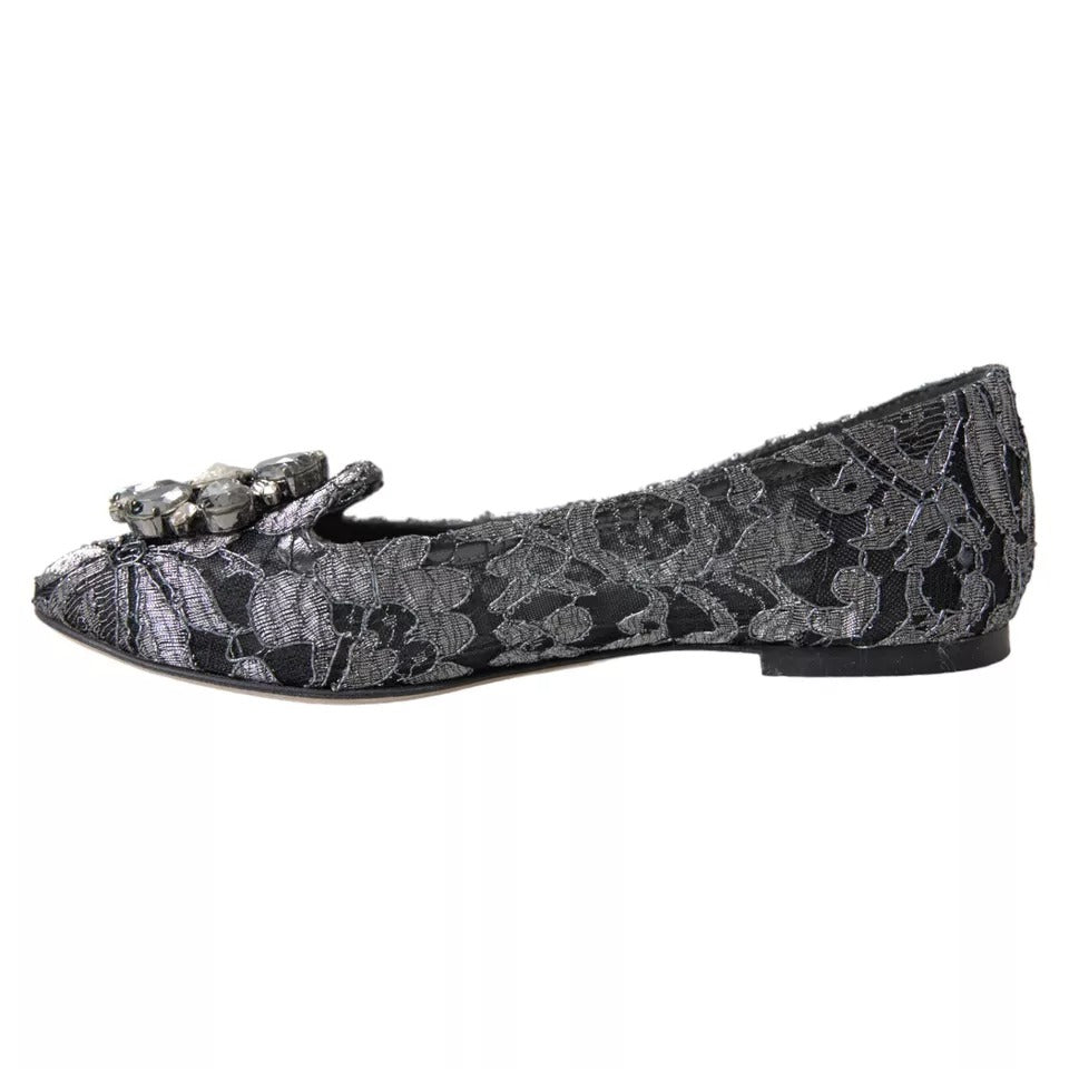 Dolce & Gabbana Gray Black Lace Crystal Ballet Loafers Shoes