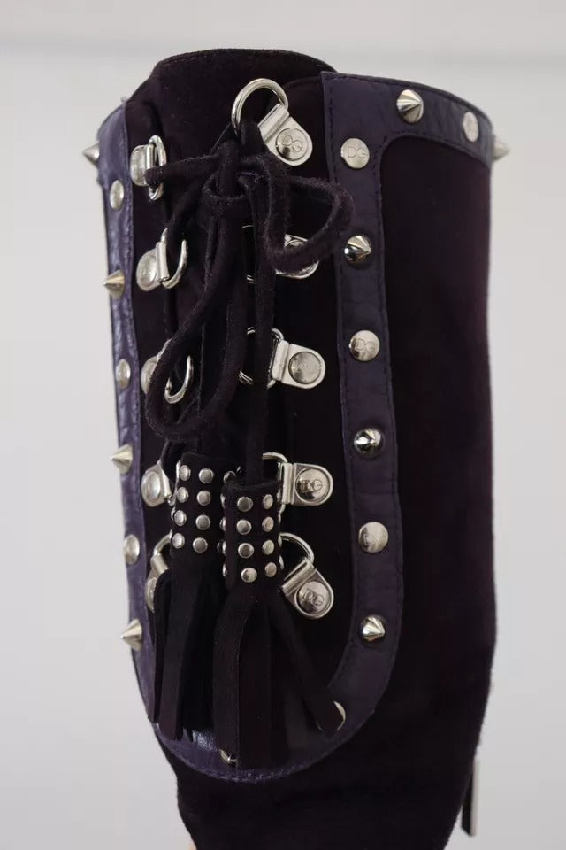 Dolce & Gabbana Purple Suede Leather Studded High Boots Shoes