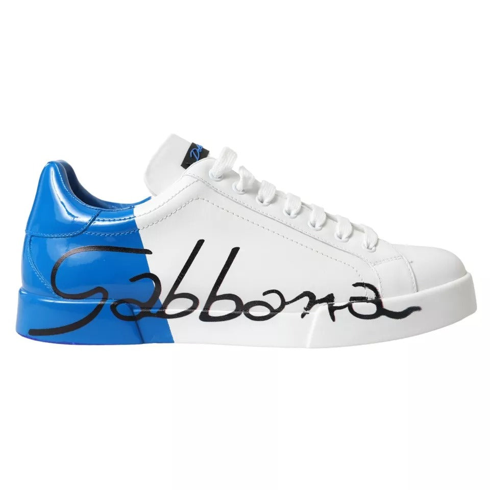 Dolce & Gabbana White Blue Leather Logo Low Top Sneakers Shoes