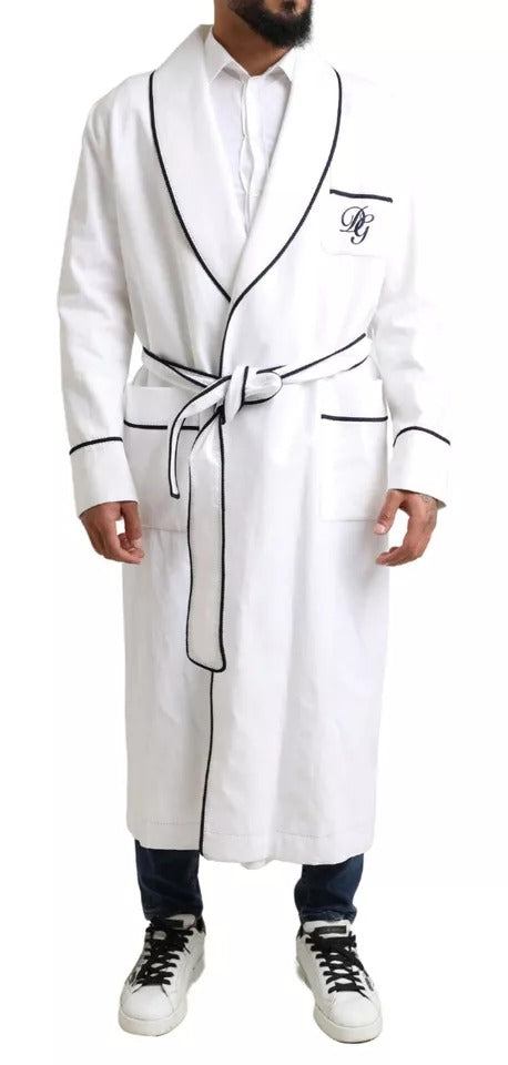 Dolce & Gabbana White Linen Belted Robe DG Logo Sleepwear