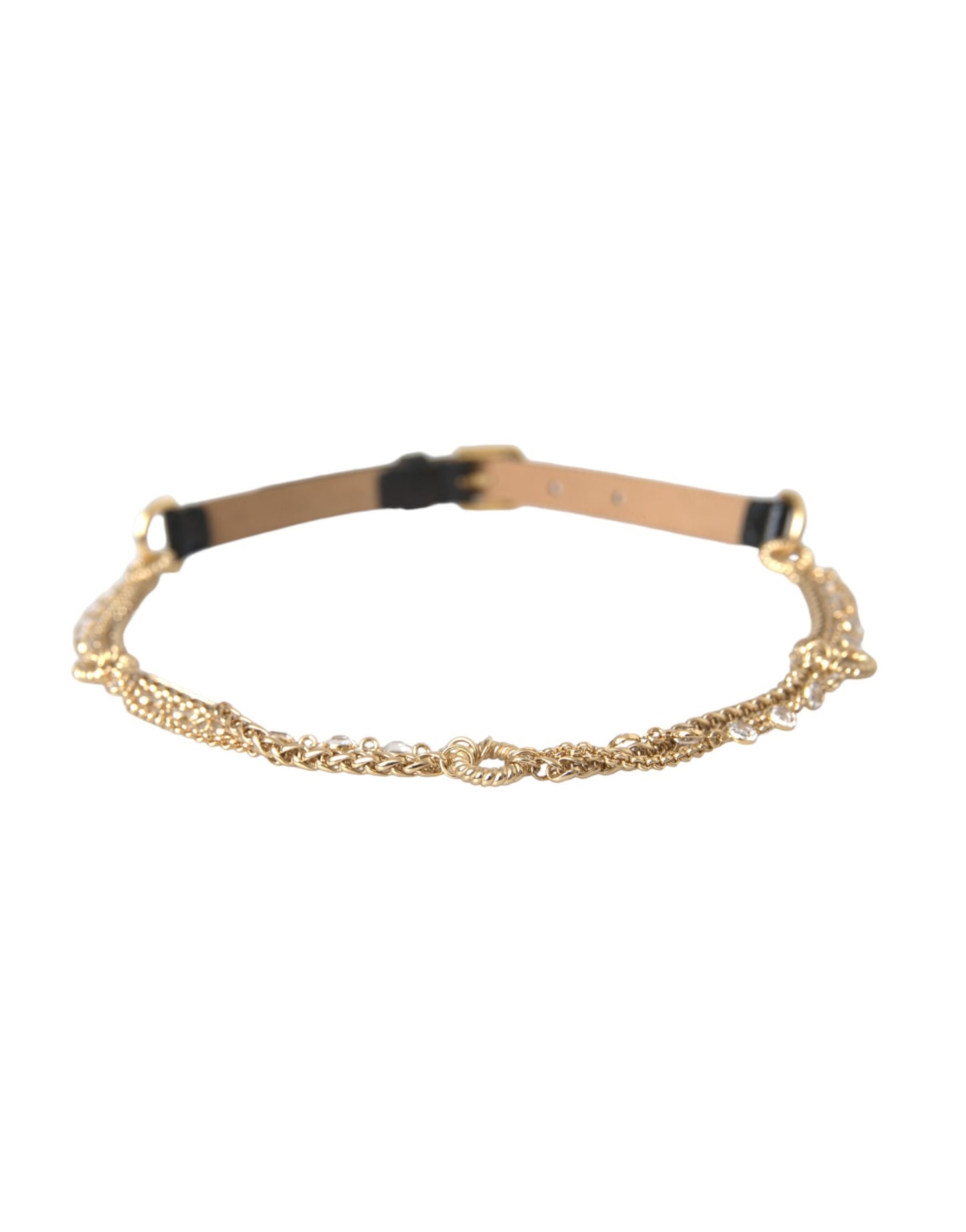 Dolce & Gabbana Black Leather Gold Chain Crystal Waist Women Belt