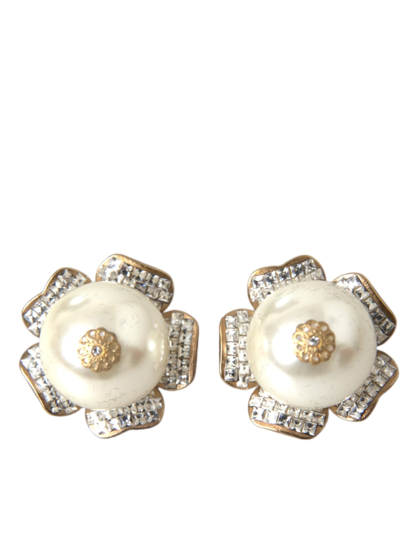 Dolce & Gabbana Gold Tone Maxi Faux Pearl Floral Clip-on Jewelry Earrings