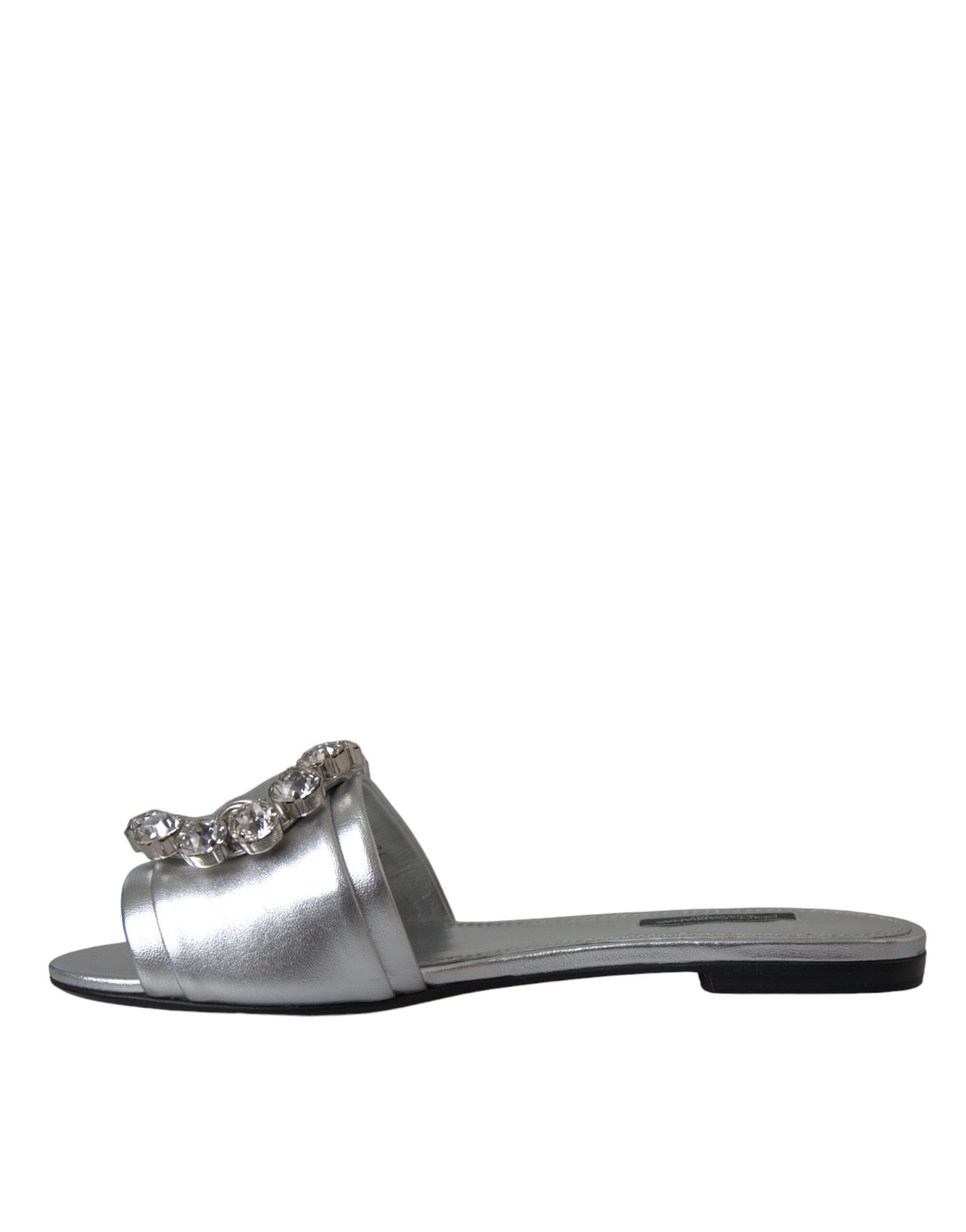 Dolce & Gabbana Silver Crystal Leather Flats Sandals Shoes