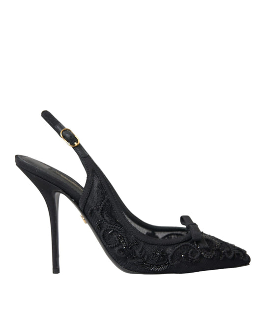 Dolce & Gabbana Black Tulle Ricamo Heels Slingbacks Shoes