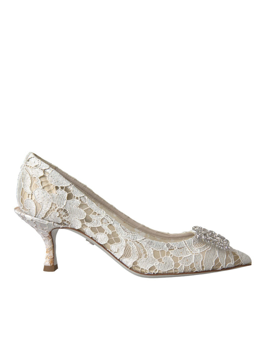 Dolce & Gabbana White Floral Lace DG Crystal Pumps Shoes