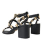 Dolce & Gabbana Black Leather Embellished Heel Sandal Shoes